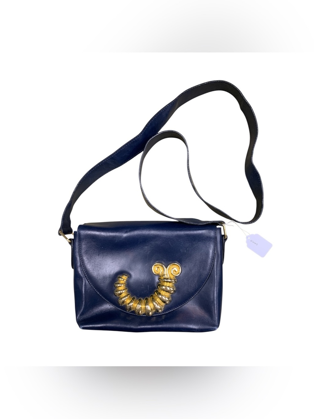Escada Navy Leather Crossbody Bag with Gold Spiral Accent